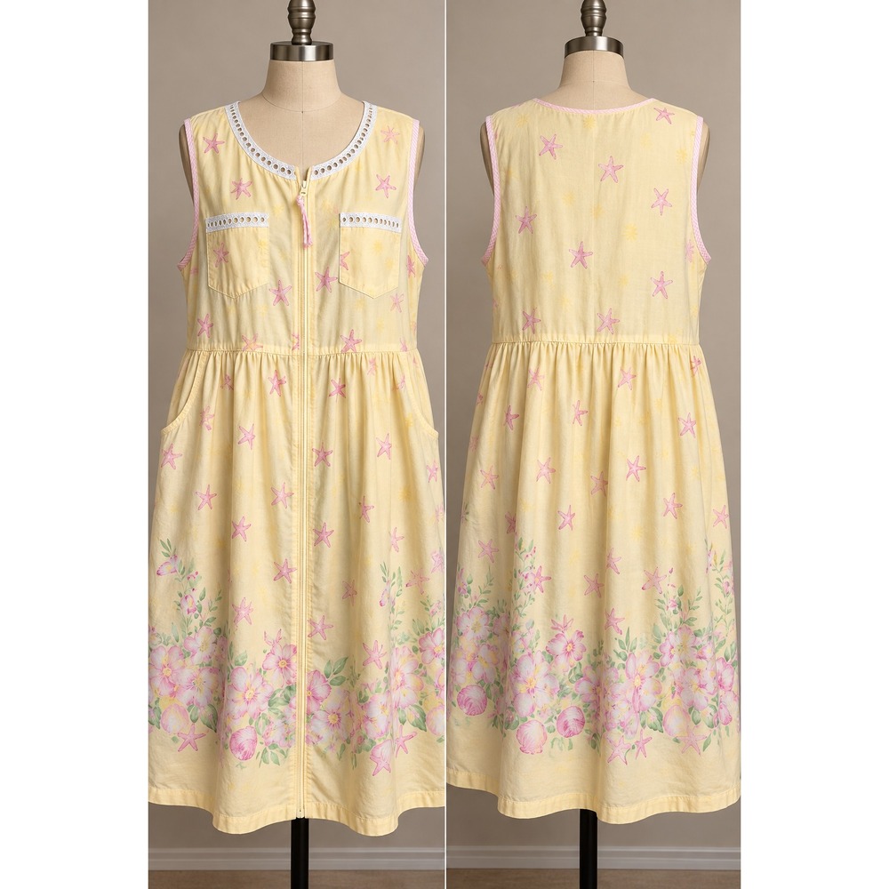 Secret Treasures Zip Front Duster Dress Womens 1X Yellow Floral Starfish Good
